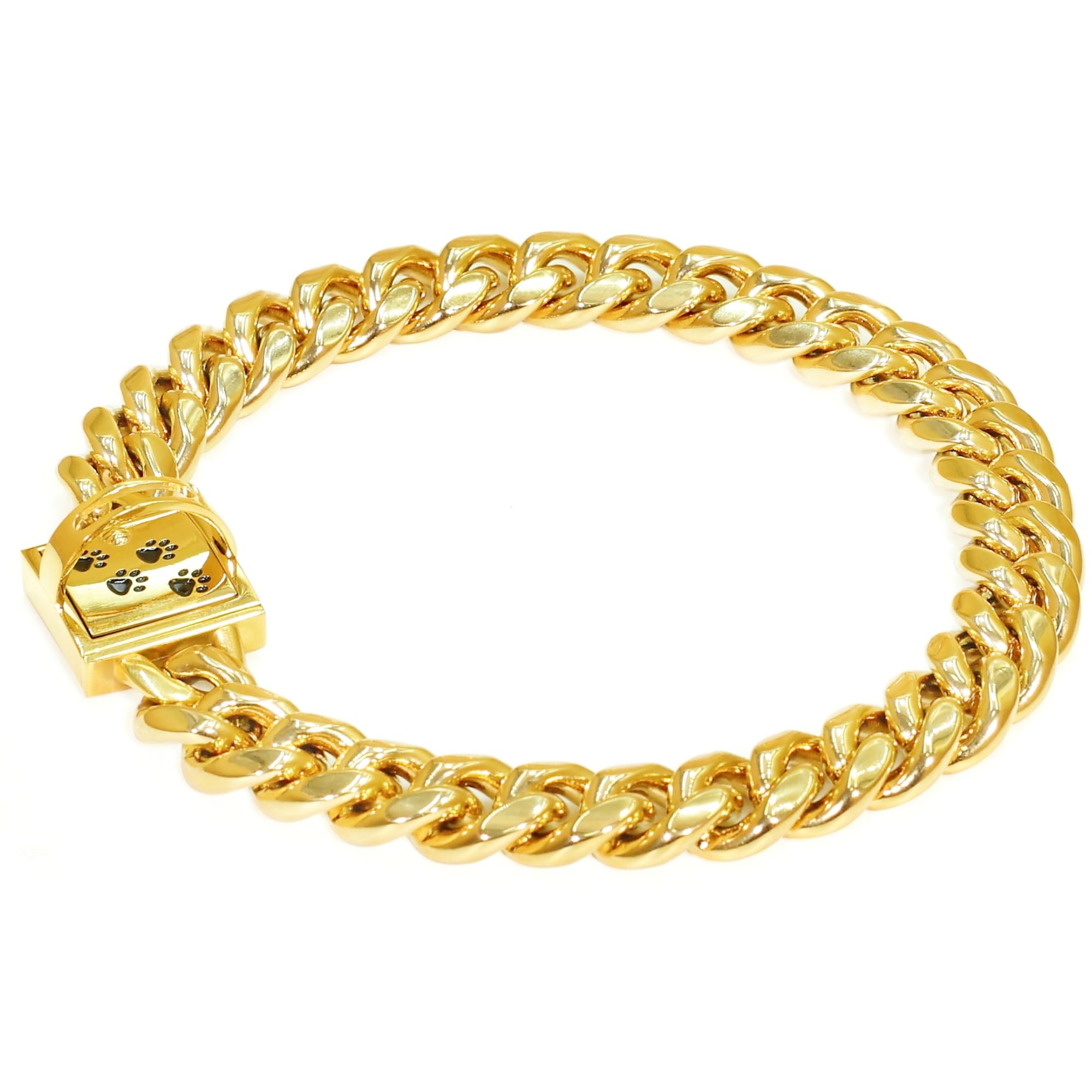 QICHENMAO Gold Chain Collars for Dogs 15MM Stainless Steel Cuban Link Collar with Design Safety Buckle Lock 18K Gold Plated Metal Chain Training