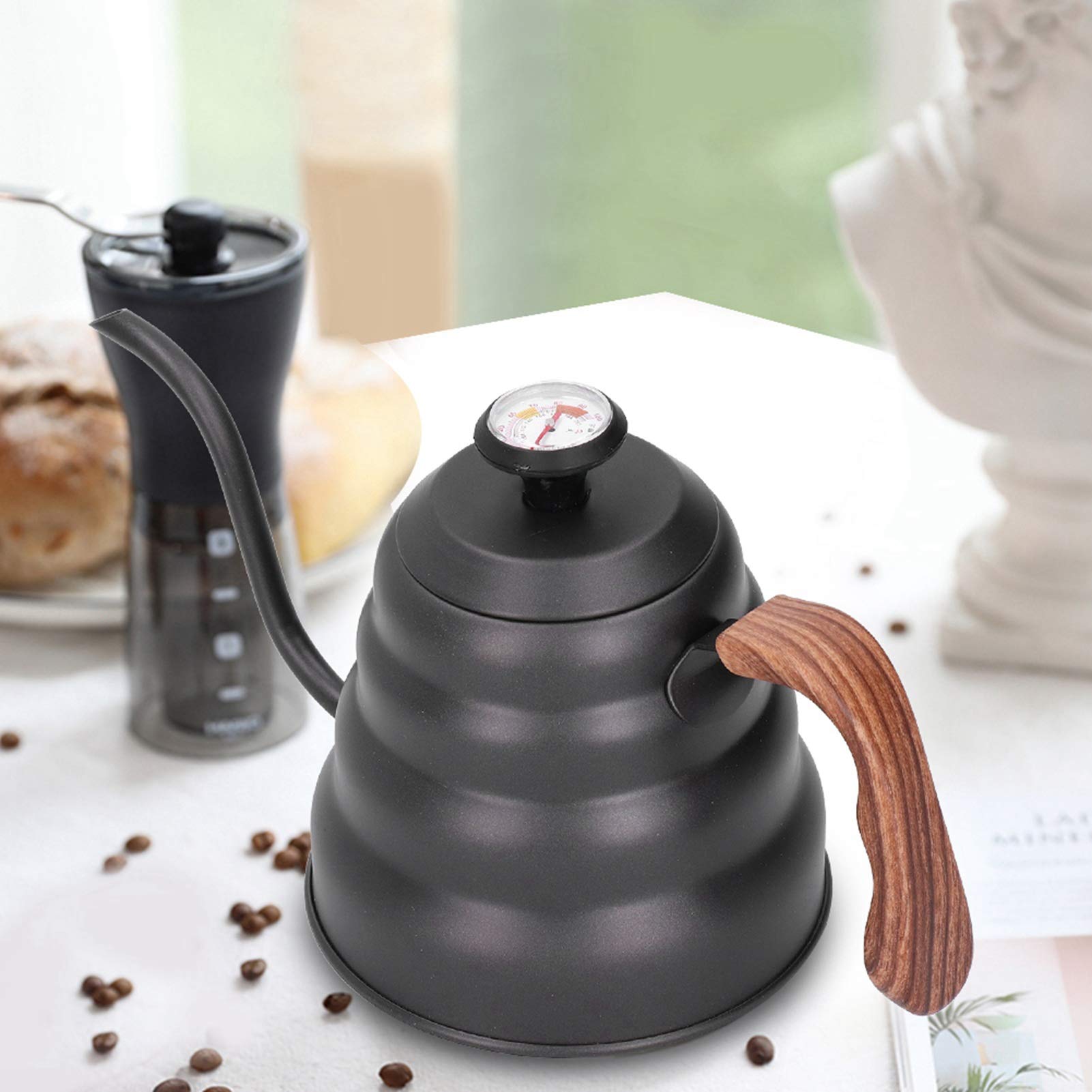 Kaffeetropfkessel Schwanenhals Stovetop Black Schwanenhals Wasserkocher Mit Thermometer, 1200ml Wasserkocher Induktion Edelstahl Gooseneck Kettle Schwanenhals