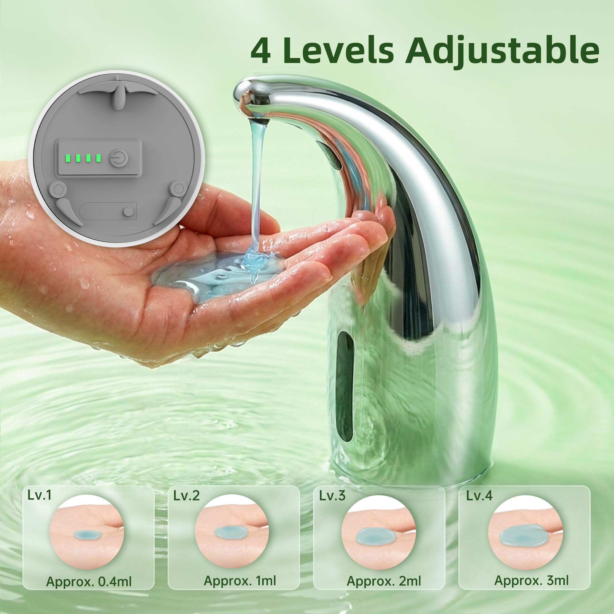 Dispenser automatico di sapone con sensore a infrarossi, regolabile a 4 livelli, senza contatto, per cucina, bagno, ricaricabile, in plastica resistente, porta sapone intelligente (argento