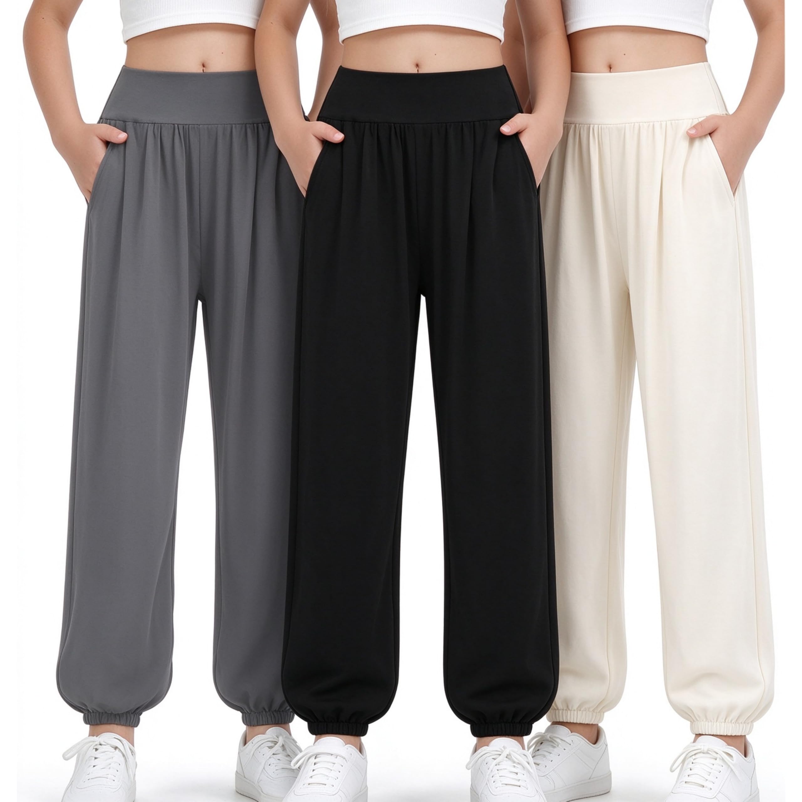 EXARUS 3 Pack Girls Wide Leg Pants Baggy/Tapered Loose Casual School
