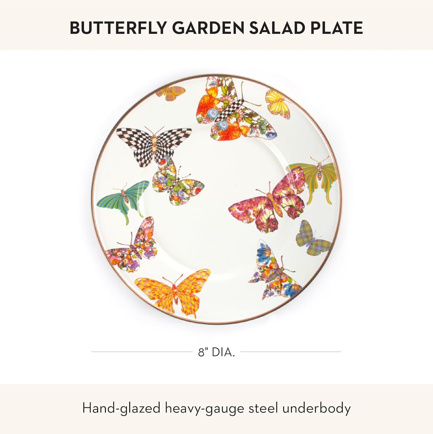 MACKENZIE-CHILDS Enamel Salad and Dessert Plate, Small Plate for a Dessert or Appetizer Dish, 8 Inches, Butterfly Garden