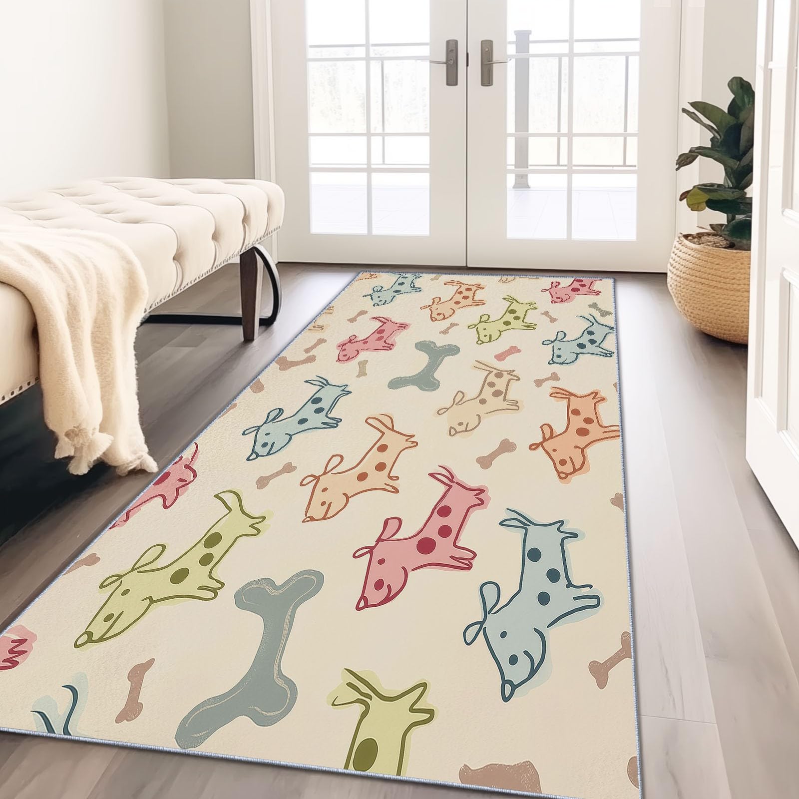 Tapis de couloir long 80x240 cm lavable motif chien crème