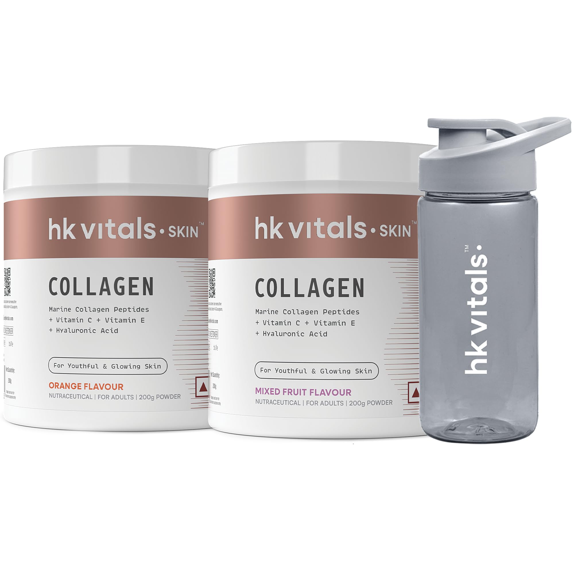 HealthKart hk vitals Skin Radiance Marine Collagen Supplement (Orange & Mixed Fruit, 2 X 200g) & Sipper Bottle (Grey, 300ml) | Combo Pack |Vitamin C & E | For Healthy Hair & Skin