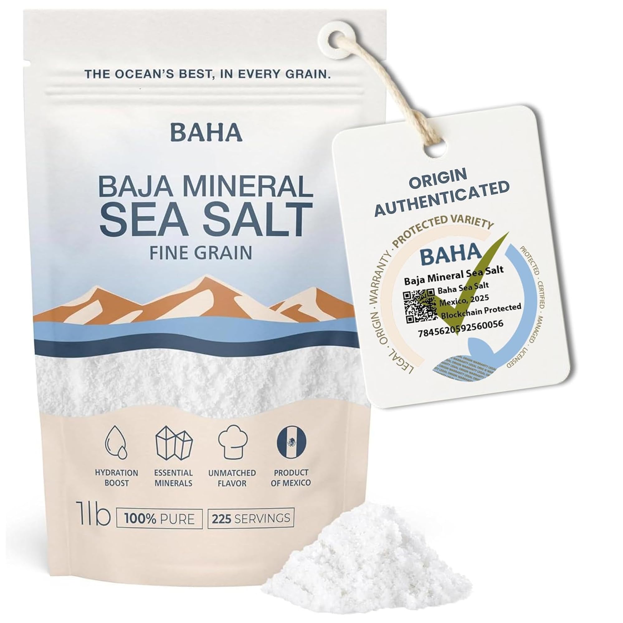 BAHA - Baja Gold Mineral Sea Salt, 1 Lb. Bag - Original Fine Grain, Premium Natural Crystals, Low Sodium, Kosher, For Cooking, Finishing, and Hydration, Sourced from Sea of Cortez. FIne Grain.