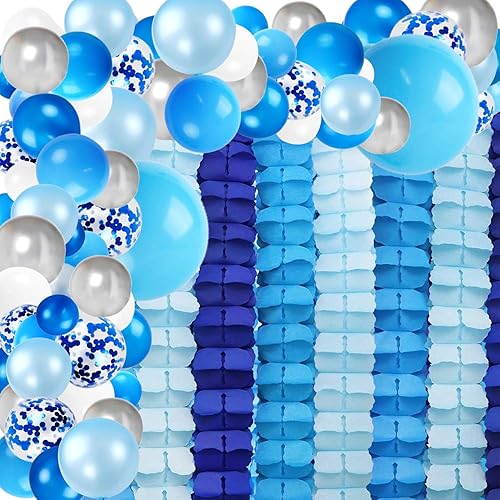RUBFAC Kit de arco de guirnalda de globos azules, serpentinas azules y blancas para decoración de fondo de ducha, boda, fiesta de cumpleaños