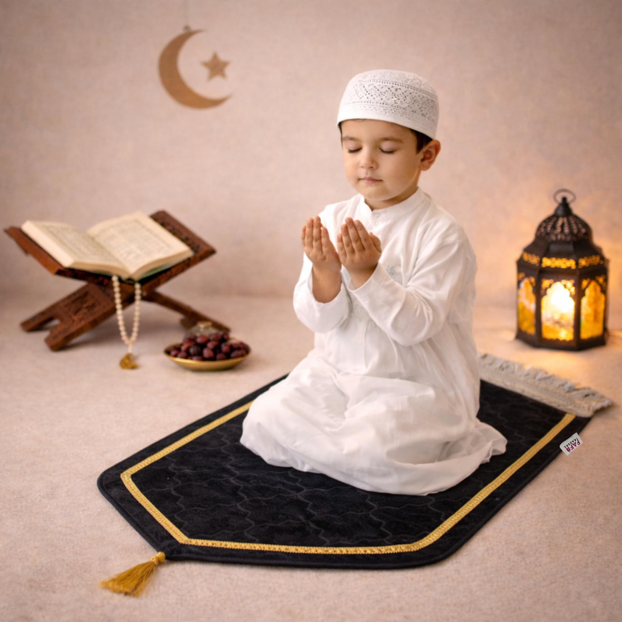 FAF Boy & Girl Janamaz Velvet Prayer Mat | Children Islamic Prayer Rug for Kids (1 to 10) | Soft Thick Namaz Mat, Portable Travel Janemaaz | Mussalla for Home, Mosque & Ramzan, Hajj and Umrah (Black)-image-1
