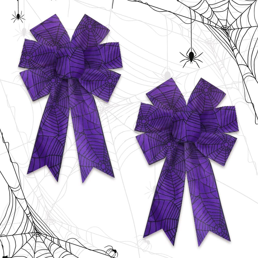 2PCS Halloween Wreath Bows Halloween Decor Bows Purple Spider Web Strips Burlap Linen Bows for Wreath, Halloween Fabric Ribbon Bows for Home Party Indoor Outdoor Decoration Wreath Ornament Supplies