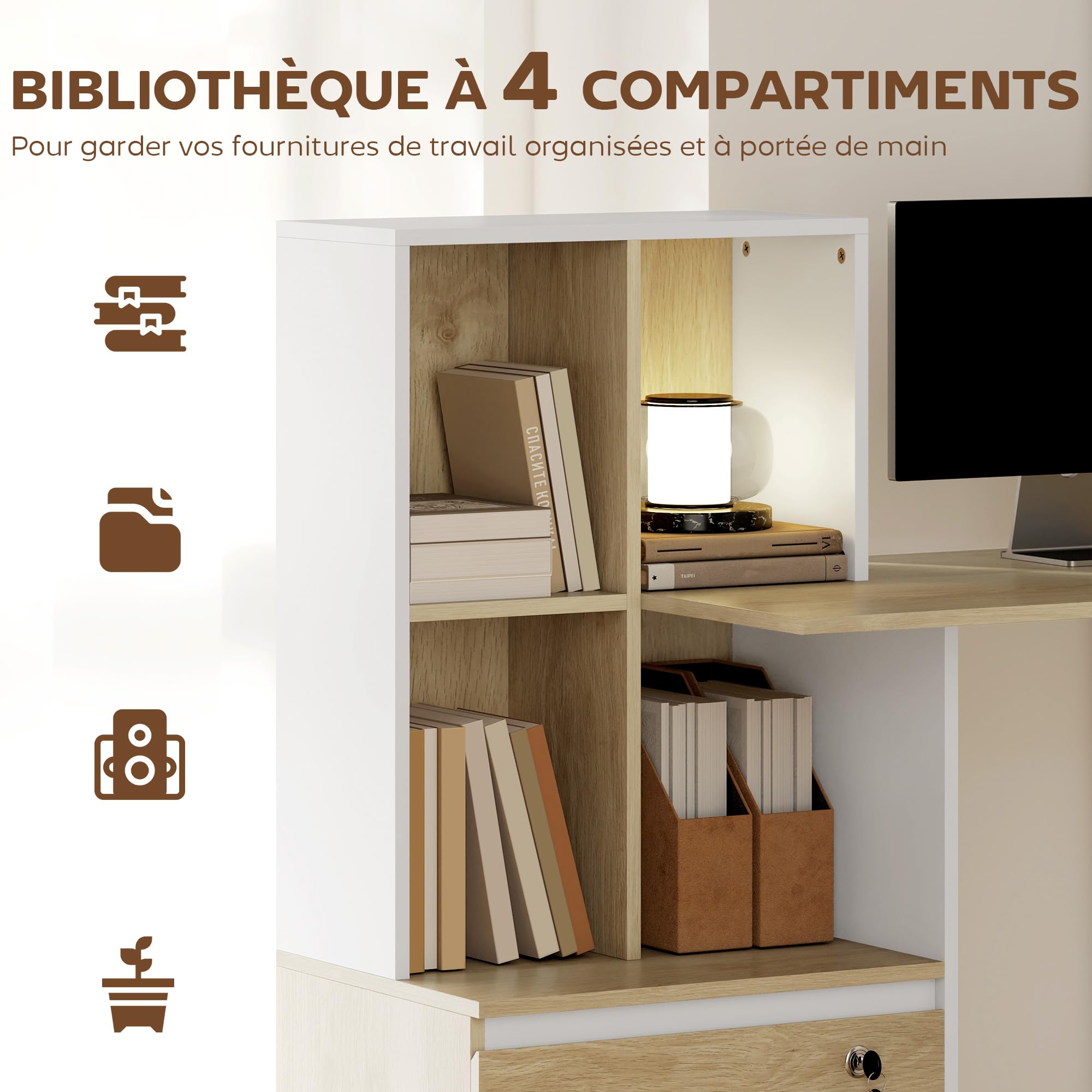 HOMCOM Bureau d'Ordinateur avec Bibliothèque, 4 Compartiments et Tiroir Verrouillable à Dossiers, Patins Anti-Collision, Table Informatique pour Chambre, Salle d'Étude, 126x50x109cm, Chêne et Blanc