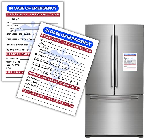 Tarjeta médica ICE para refrigerador en caso de emergencia imán de nevera, paquete de 2 números de teléfono importantes de 5.5 x 4.3 pulgadas, lista