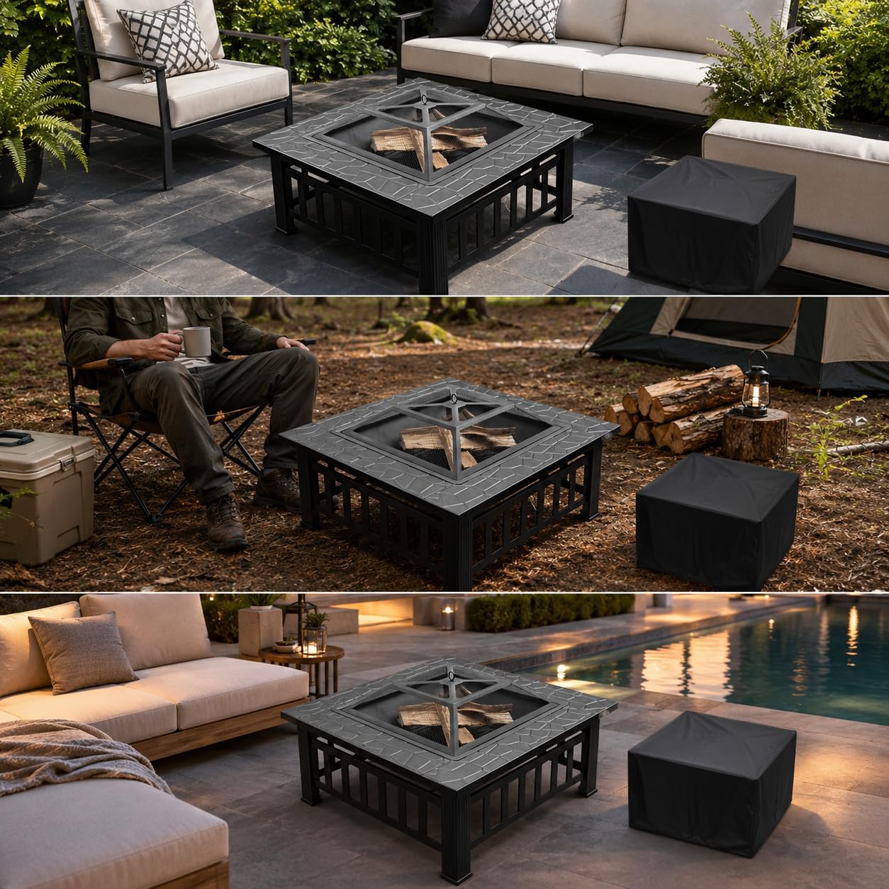 Brasero Exterior Cuadrado, Hierro Negro Resistente a la Oxidación, 81 cm para Jardín y Patio, Estándar con Cubierta Antipolvo