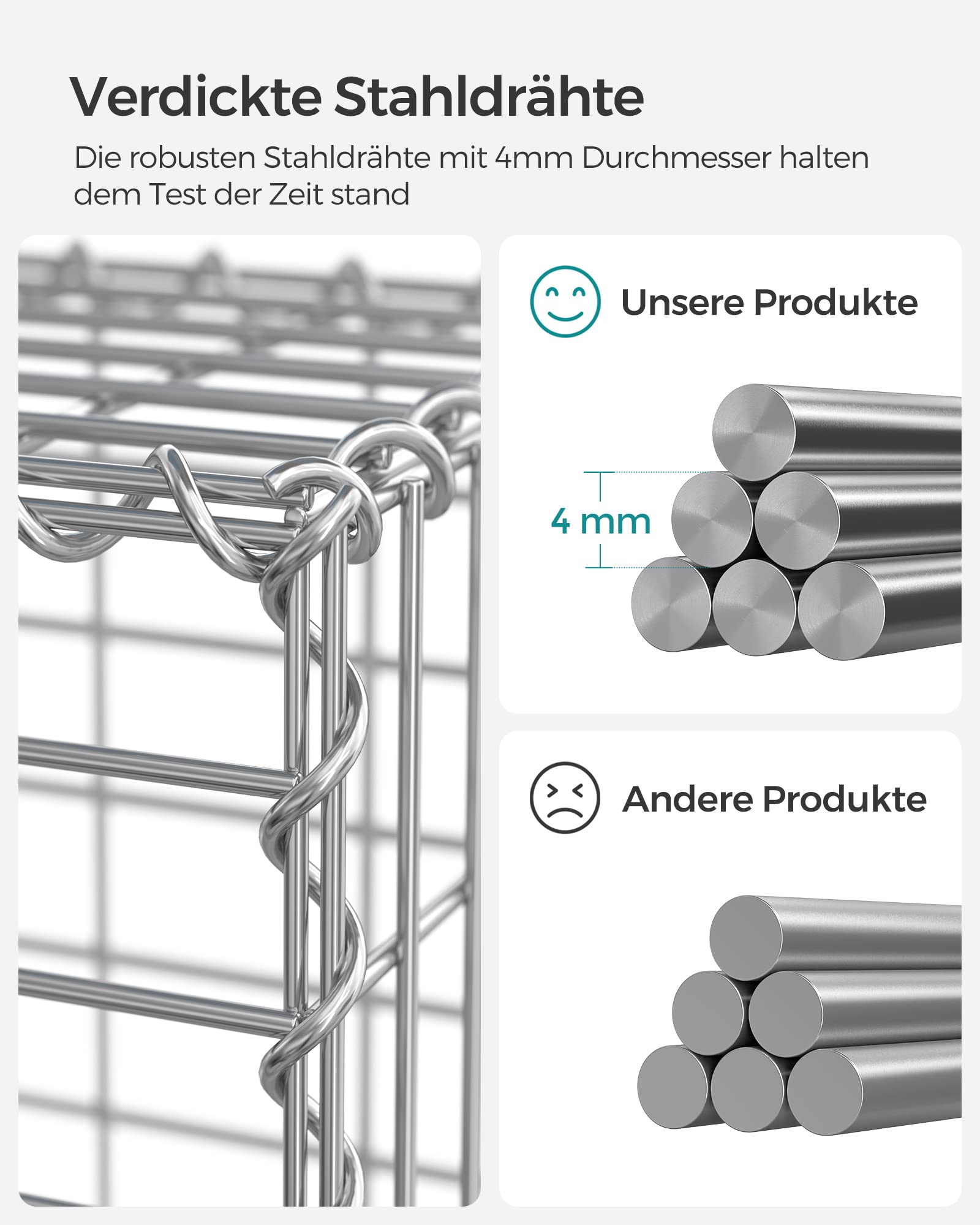 SONGMICS Gabionenkörbe, Metall-Steinkörbe mit 5 x 10 cm Maschenweite für Mauersteine, verzinkt, Steingabione Mauer, 100 x 50 x 30 cm, 2er-Set, silber GGB253V1