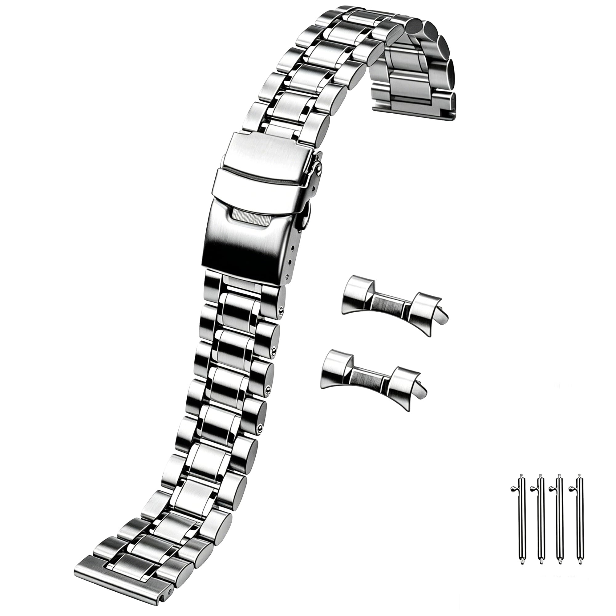 Juntan 18mm 20mm 21mm 22mm Stainless Steel Watch Band Curved End Straight End for Men Women Metal Watch Bands Strap Quick Release Replacement Bracelet with Double Folding Buckle Silver