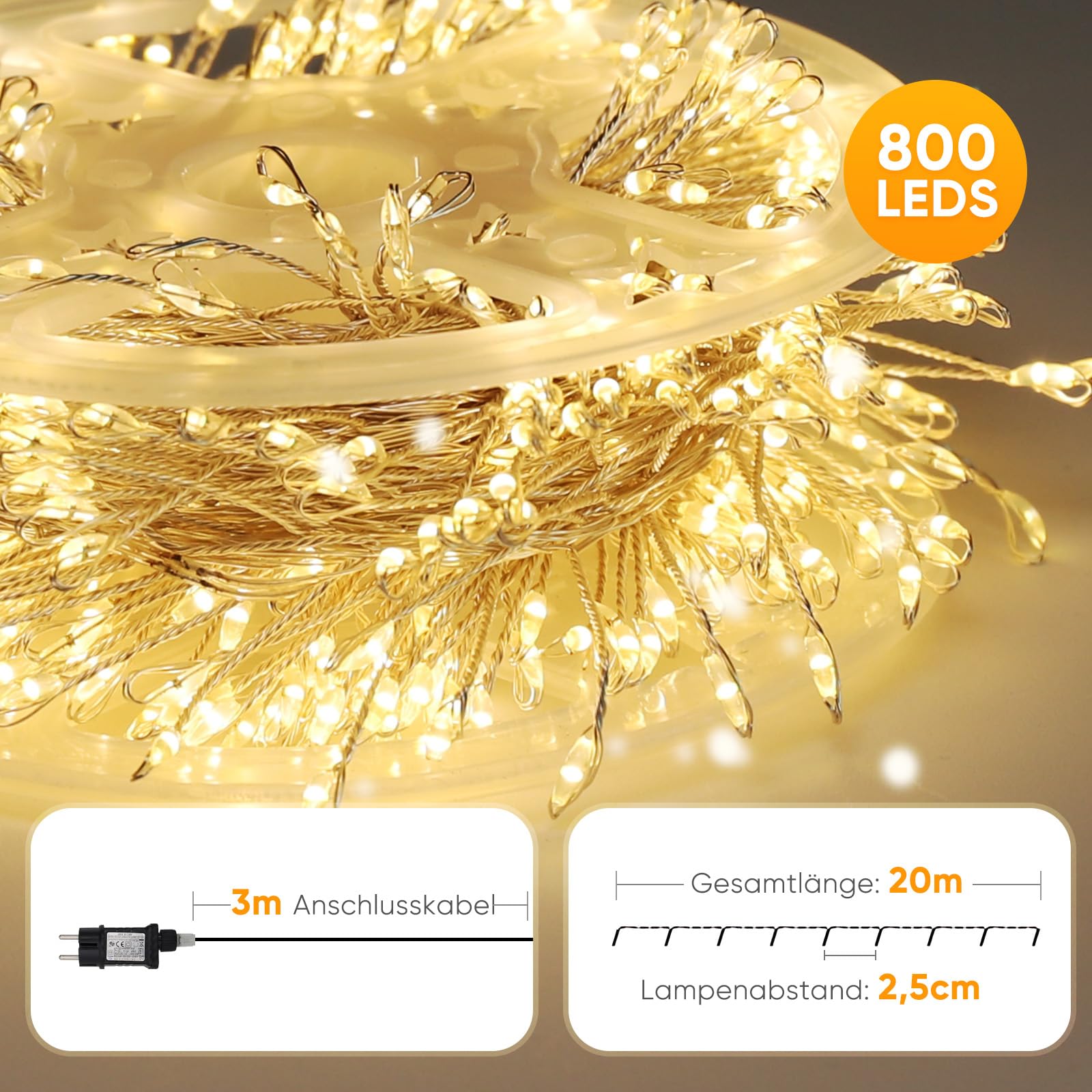 SALCAR 20m 800er LED Cluster Lichterkette aus Kupferdraht, Wasserdicht Weihnachtslichterkette mit 8 Modi, Timer und Memory, für Außen Innen Garten Weihnachtsbaum Hochzeit, Warmweiß