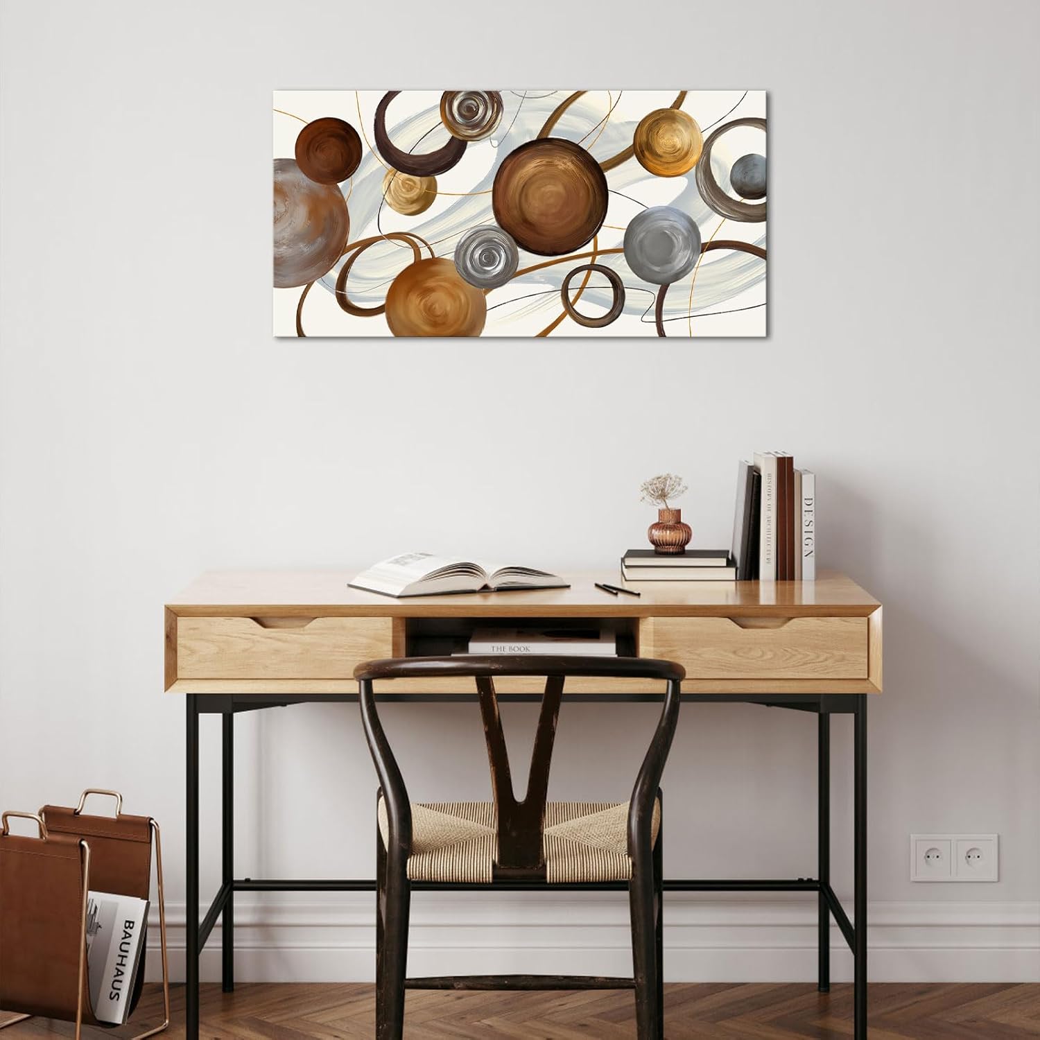 VANSEEING Abstract Wall Art for Living Room Canvas Prints Brown White Grey Geometric Circle Painting Modern Artwork Wall Decor for Office Bedroom Decoration 20" x 40"