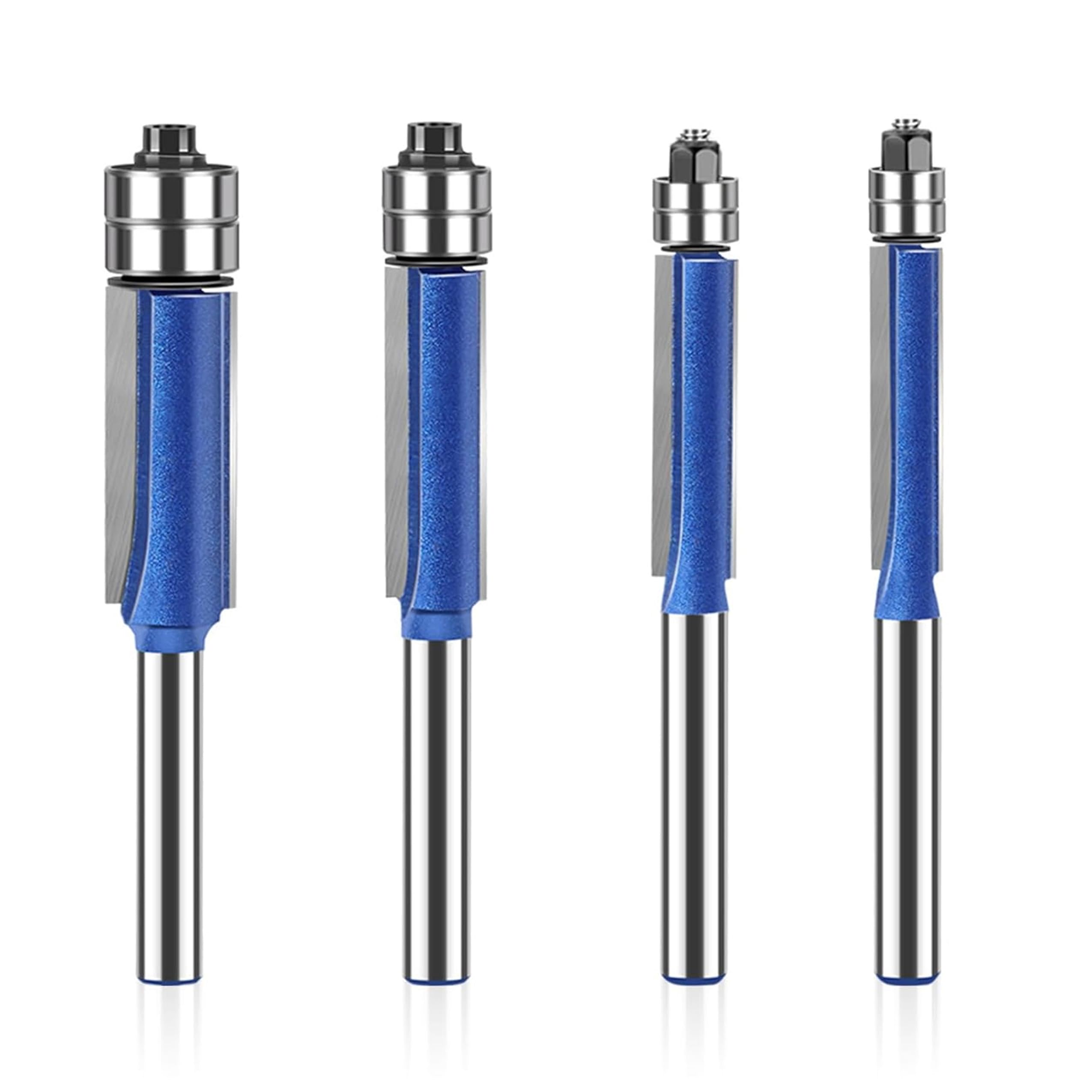 HAFRILY 4Pcs 1/4 Router Bit Set Carbon Steel Shank Flush Trim Bit Round Over Edging Router Bits for Woodworking, Trimming Machines, Engraving Machines, Cutting Diameter 1/4" 5/16" 3/8" 1/2"