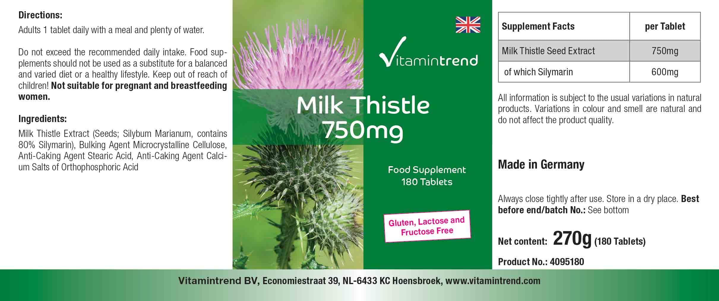 Vitamintrend Extrait de chardon-marie 750 mg, 180 comprimés, hautement dosé, complément alimentaire végan sans stéarate de magnésium, fabriqué en Allemagne