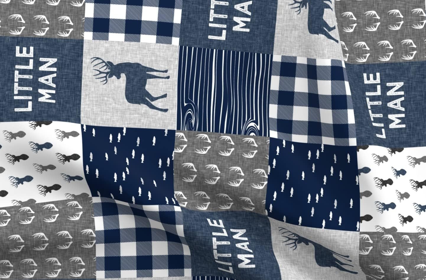 Spoonflower Fabric - Navy Gray Buck Boy Cheater Quilt Woodland Hunting Fishing Antlers Wood Printed on Upholstery Velvet Fabric Fat Quarter - Upholstery Home Decor Bottomweight Apparel