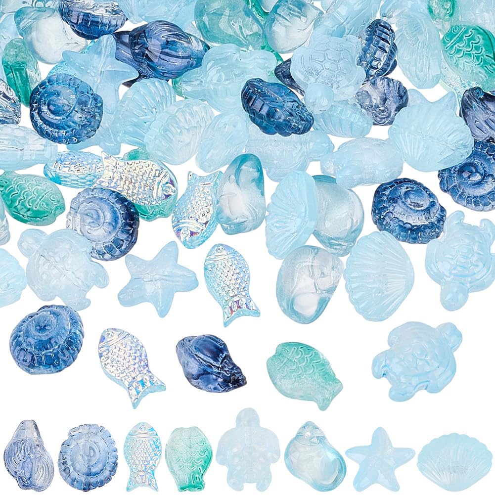 SUNNYCLUE 1 Box 120Pcs Sea Glass Beads Blue Fish Bead Bulk Ocean Summer Hawaii Turtles Shell Seashell Conch Electroplate Glass Sea Animal Spacers for Jewellery Making DIY Craft Necklace Bracelet Adult — image 1