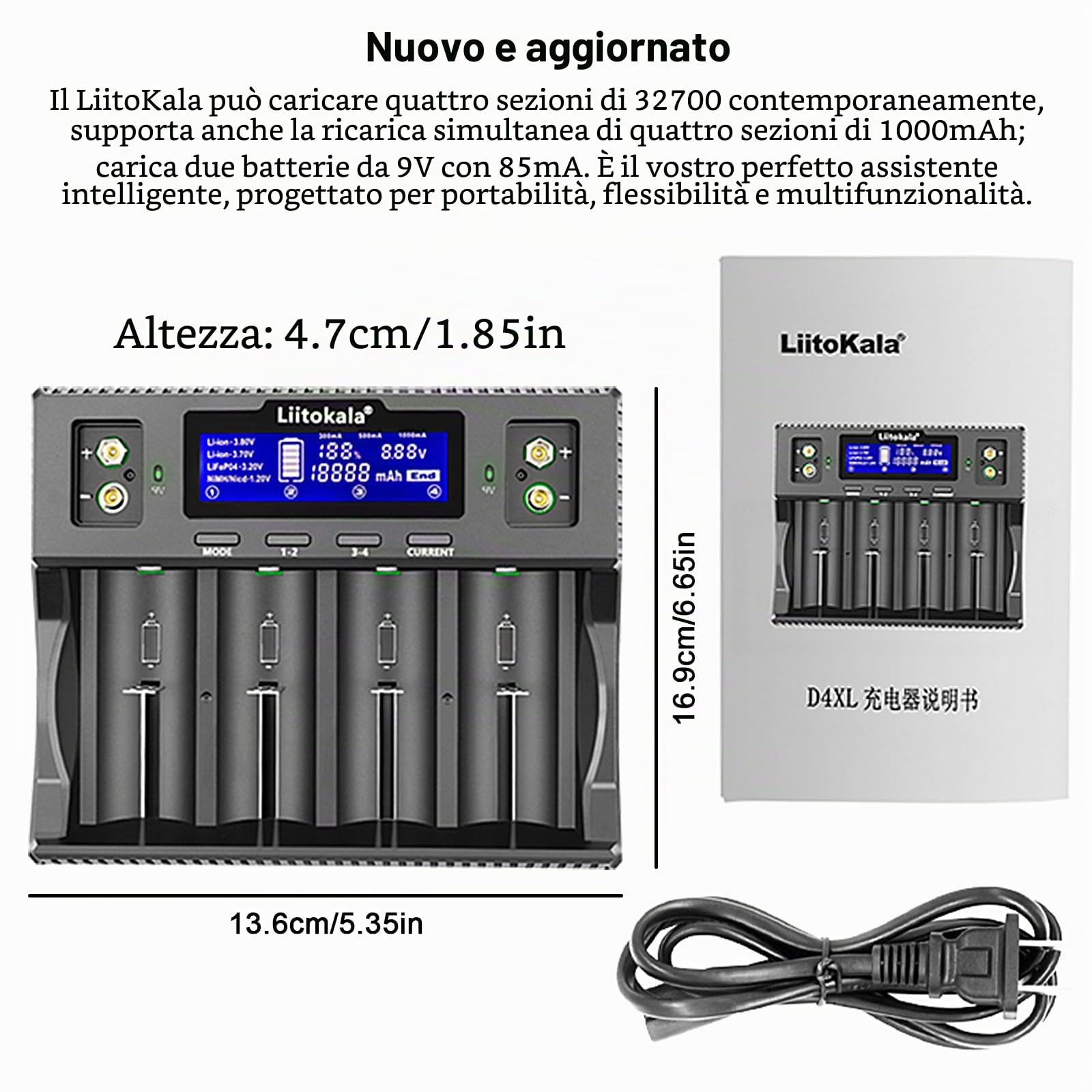 LiitoKala Lii-D4XL Caricabatterie con display LCD, per 14500 18650 26650 32700 AA AAA Li-lion (4.2V) Ni-MH/Ni-CD (1.48V) LiFePO4 (3.65V), potenza di ingresso AC 110-240V DC 12V2A, 4 Bay