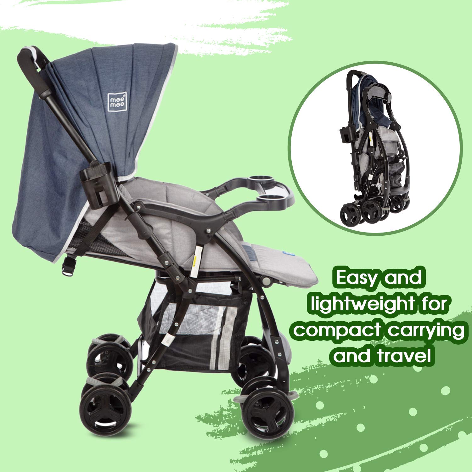 Mee Mee Baby Stroller & Pram for Babies of 0-3 Years | 5 Point Safety Harness Belt, 3 Recline Position, Foldable, Adjustable Canopy, Leg & Footrest with Large Basket | Easy to Carry (Blue) 4