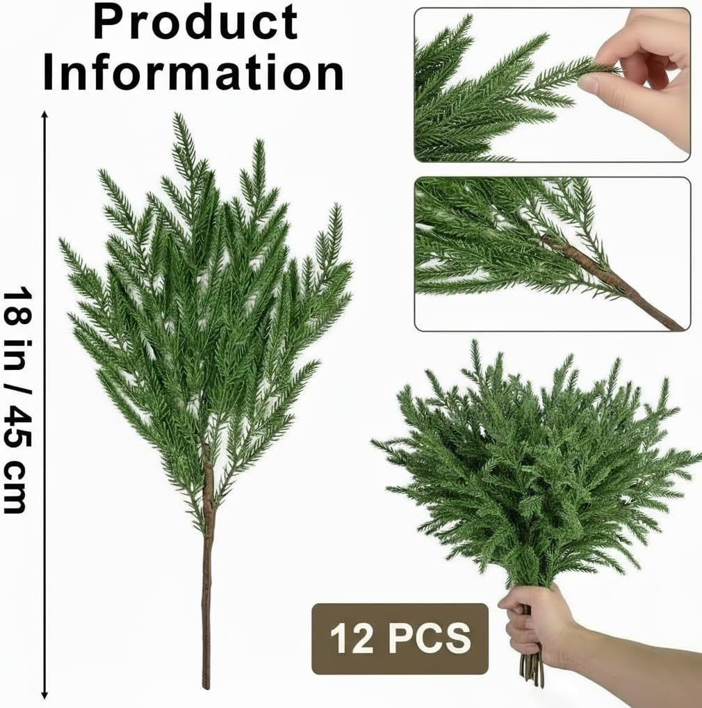 iToids Artificial Norfolk Pine Branches, 12 Pack 18" Christmas Artificial Greenery Stems, Artificial Cedar Pine Stems for Vases, DIY Wreaths, Home, Indoor Outdoor Winter Christmas Decorations - Image 4