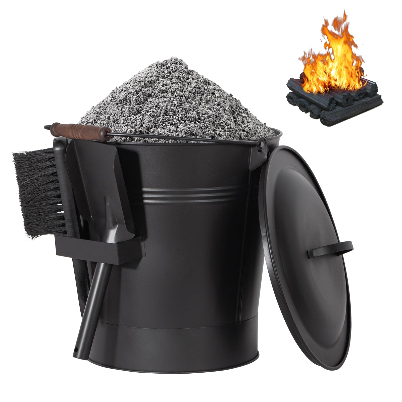 Todeco Secchio per Cenere in Metallo 24 L con Coperchio, Paletta & Spazzola, Resistente al Calore, Manico in Legno, per Camino, Stufa a Legna, Focolare, Barbecue e Campeggio, Nero