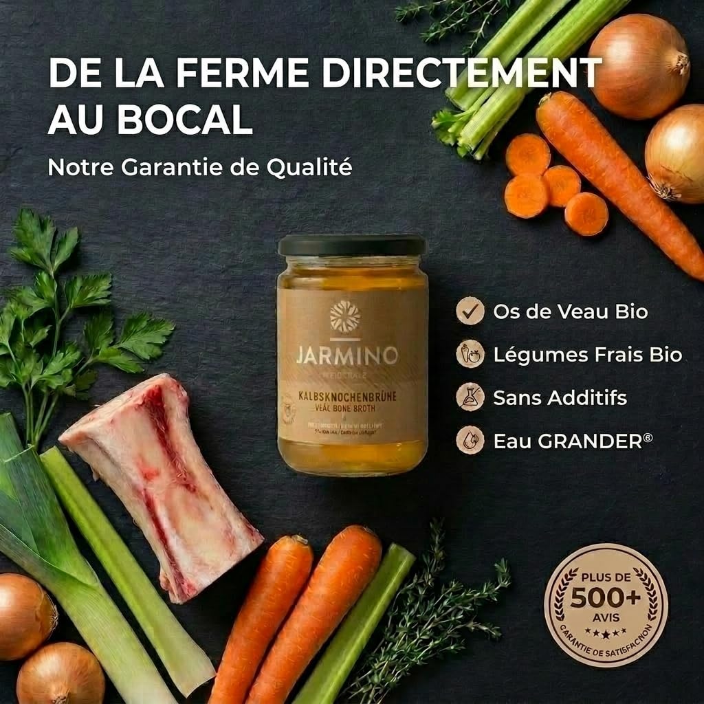 JARMINO Bone broth soupe (4x 350ml) | bouillon d'os de veau | JARMINO | acide hyaluronique, collagène et protéine naturelle | bio