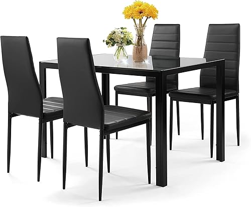 Miniatura 14 de Juego de mesa de comedor de 5 piezas, moderno juego de mesa de comedor negro para 4, mesa de comedor de cocina de vidrio templado con 4 sillas de