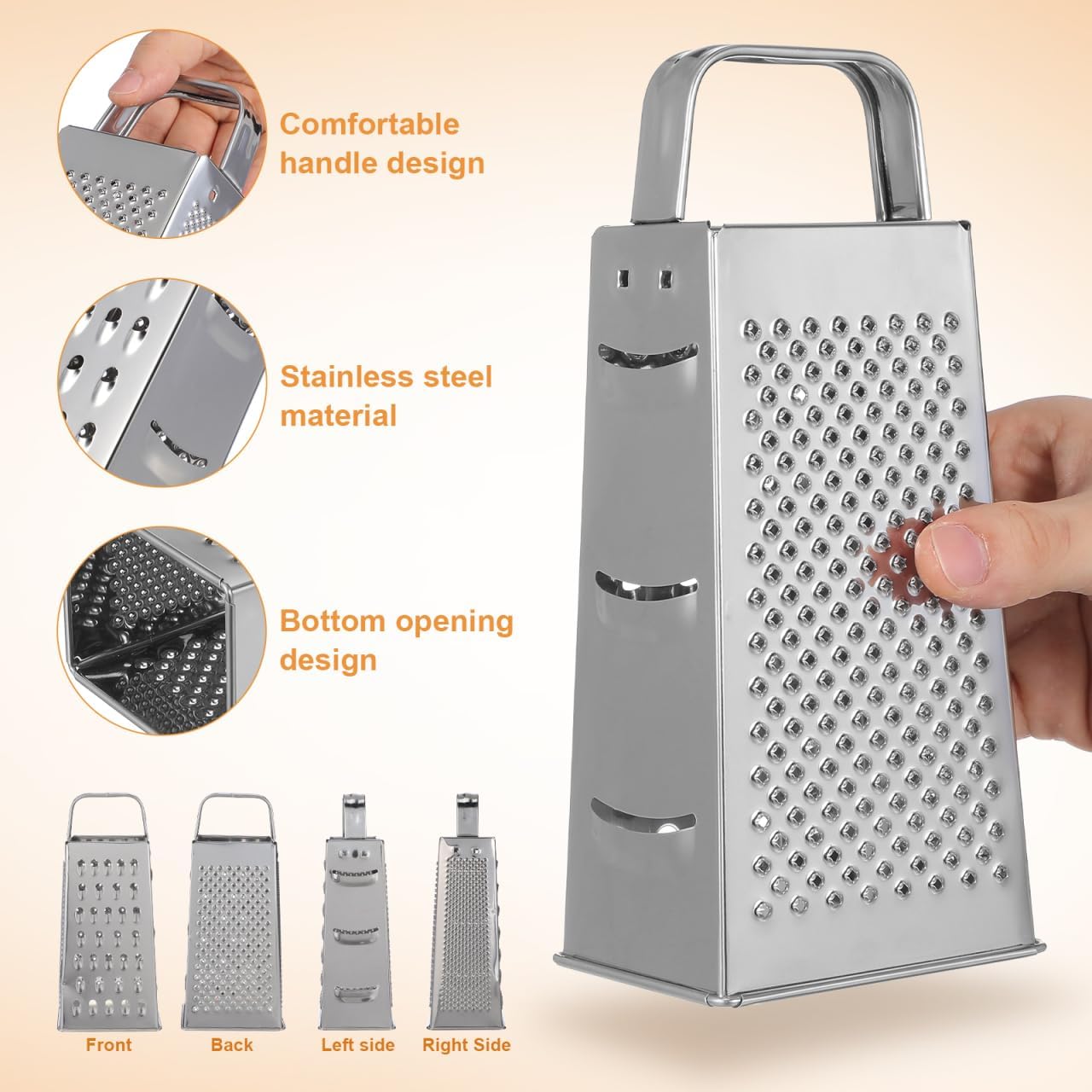 MAGICLULU 8-Inch Box Cheese Grater with Handle - Heavy Duty Stainless Steel 4-Sided Vegetable Slicer, Shredder & Zester, Potato & Citrus - Multipurpose Manual Kitchen Food Tool