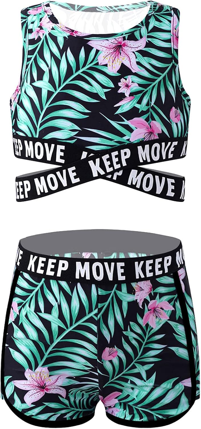 Kids Girls Digital Printed Criss Cross Crop Top with Booty Shorts Gymnastics Ballet Sportswear