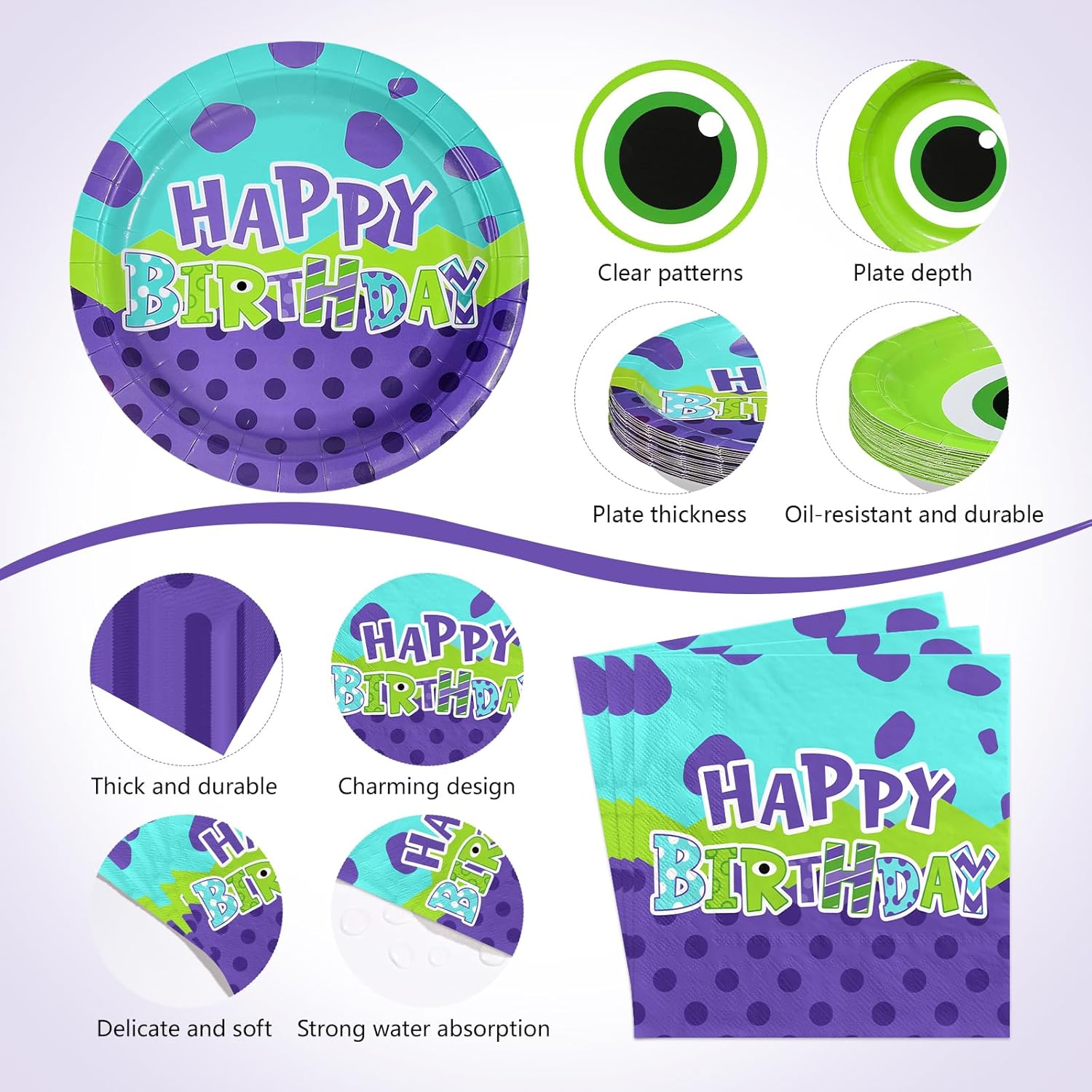 170Pcs Monster Birthday Party Supplies Monster Themed Plates and Napkins Cups, Forks, Tablecloth Green and Purple Cartoon Party Supplies for Kids Birthday Baby Shower Decoration Serves 24