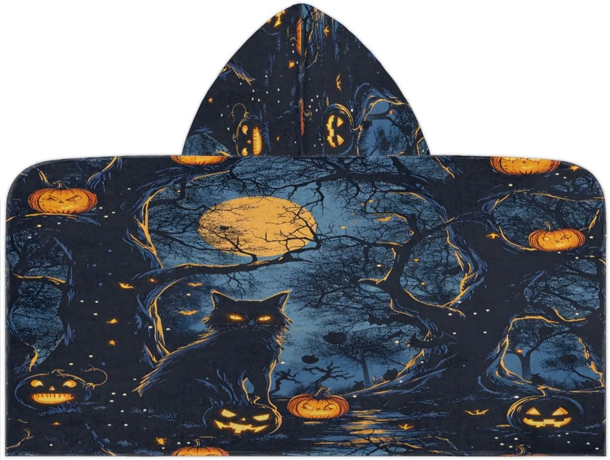 Pardick Kids Bath Towel Halloween Forest Cat Beach Towel with Hood Pool Cover Up for Girls Boys Soft Absorbent Hooded Bath Towel Toddler Towels for Beach, Pool