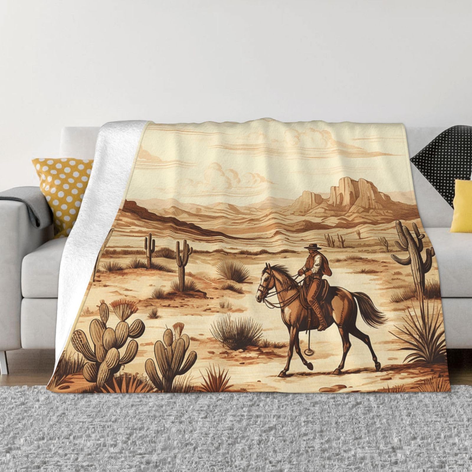 Fodpand Black West Desert Cactus With Cowboys Riding Horses Flannel Blanket 60"X50" - Ultra-Soft Lightweight Throw Blanket For Bed, Sofa - Luxury Air Conditioning Blankets - Cozy Warm Blankets For All Seasons