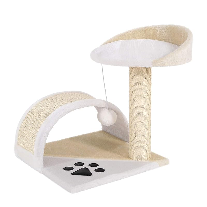 Arranhador para Gatos lionto com Bola de Pelúcia, Arco de Sisal e Plataforma, Bege/Branco, 43 cm