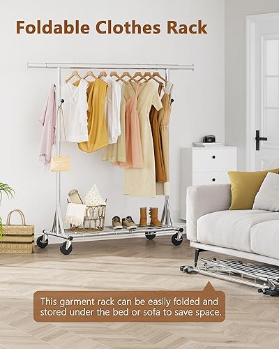 Miniatura 4 de Hoctieon Perchero de montaje de 1 minuto, 480 libras, percheros de ropa rodantes resistentes con ruedas, perchero plegable para ropa, barra