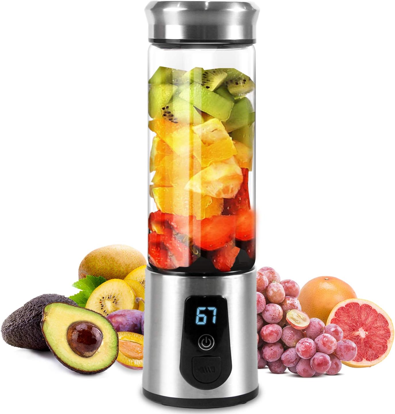 Portable Blender, Smoothie Blender, Electric Shaker Bottle, 3 in 1 Cordless Personal Blender Juicer Mixer with Led Displayer, Usb Rechargeable, Stainless Steel, Borosilicate Glass