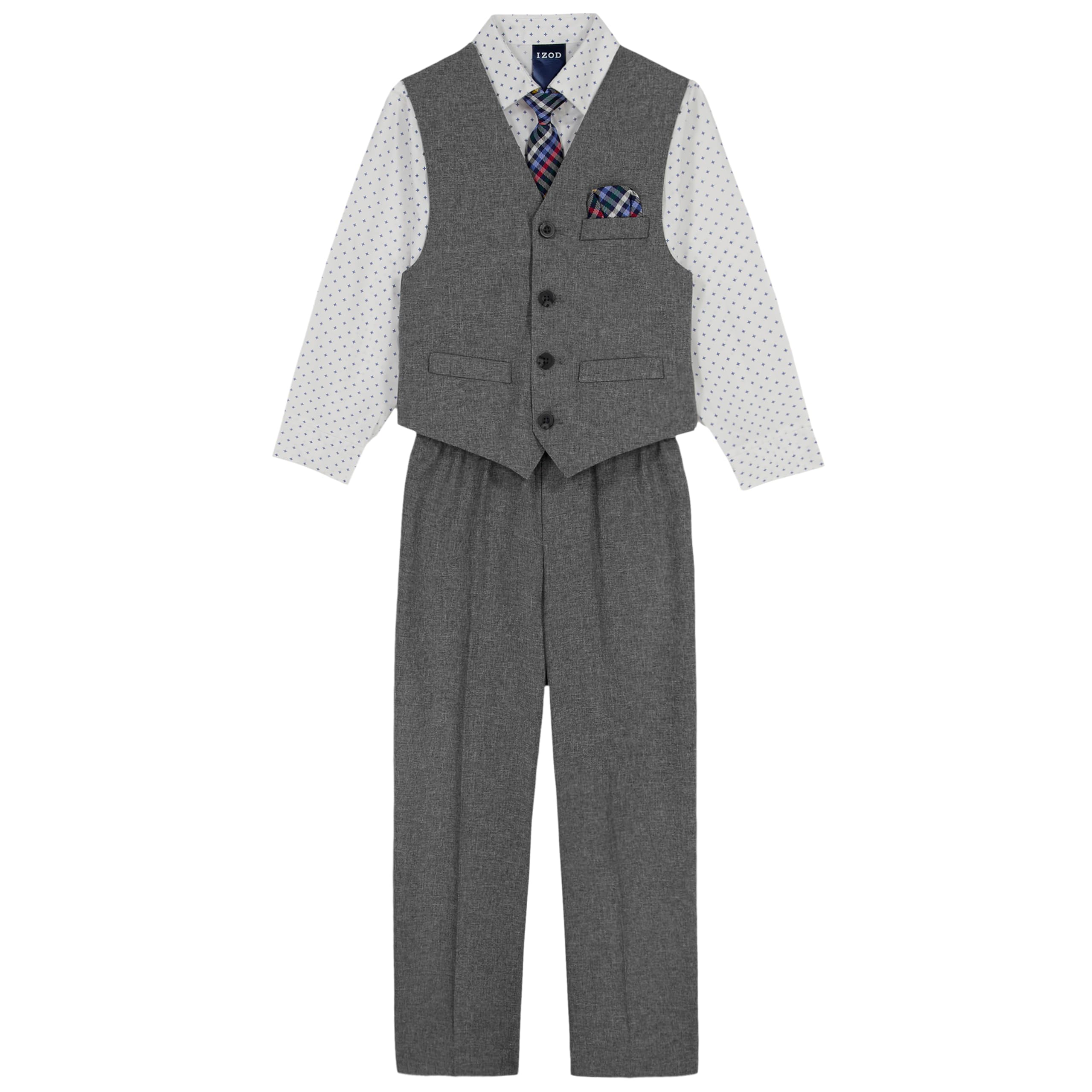 IZOD Boys' 4-piece Formal Dress Up Suit Set, Vest, Pants, Collared Shirt, and Tie