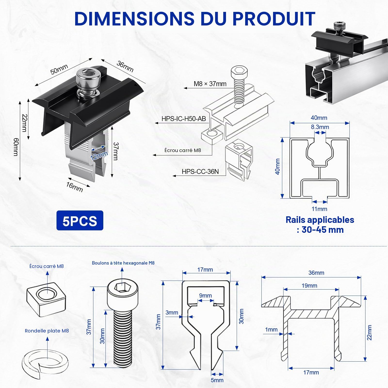 EXLECO Kit de 10 Support Panneau Solaire 30-45mm, Fixation Panneaux Solaires Photovoltaïque en Aluminium pour Rail, PV Pince de Toit - 5 Pièces Pinces Centrales et 5 Pièces d'Extrémité, Noir