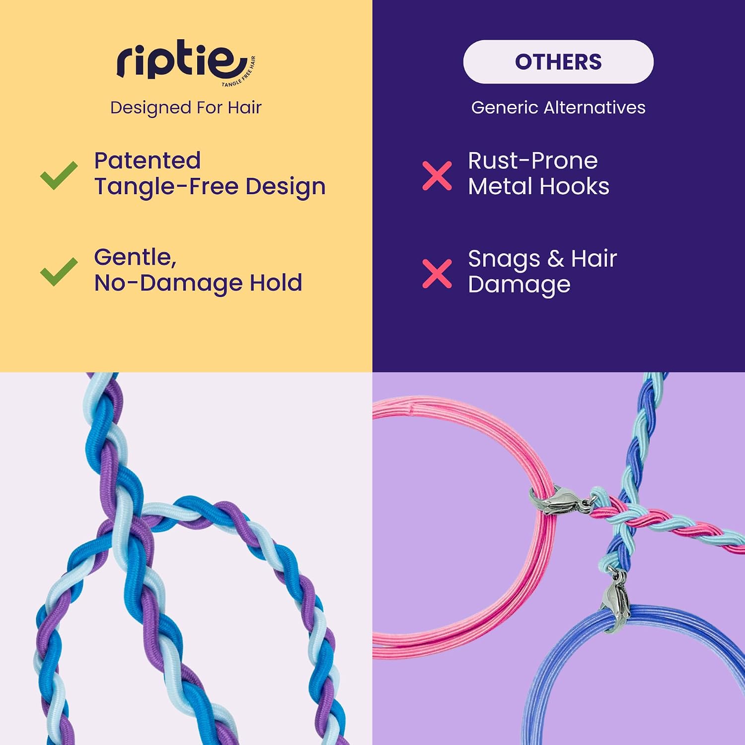 Rip Tie Soft Tangle-Free Hair Tie for Women, Nylon Hair Elastic, Colorful Hair Accessory - As Seen on Shark Tank - 1pc Rippled Water (Extra Long)