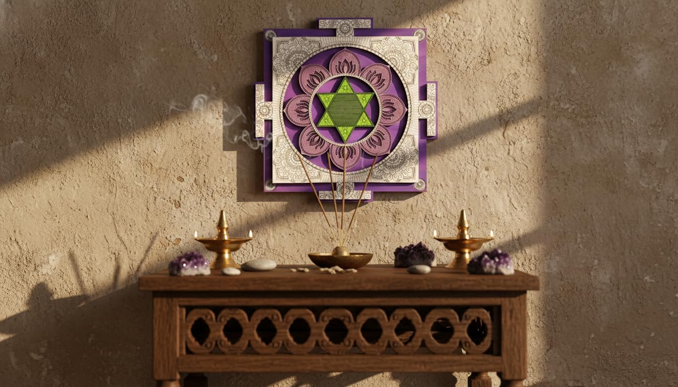 Lakshmi Yantra Wooden Wall Art 70 cm (27.6"), Lavender White Green Sacred Geometry Mandala, Prosperity Abundance Symbol, Meditation Yoga Room Spiritual Wall Hanging