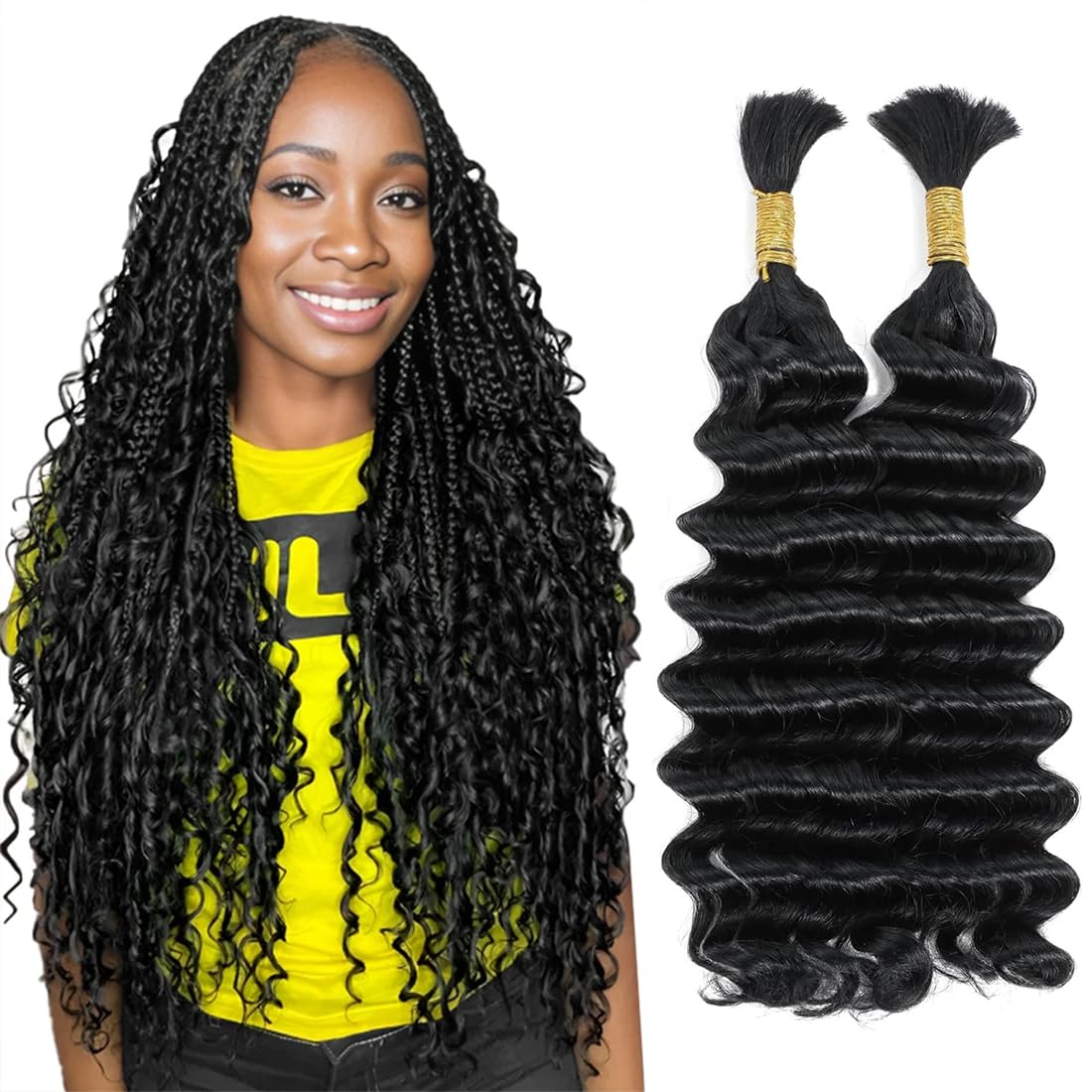Human Braiding Hair For Boho Knotless Braids 2 Bundles 100g Deep Wave Bulk Human Hair for Braiding No Weft Wet and Wavy Human Braiding Hair 100% Remy Human Hair Extensions 20 Inch