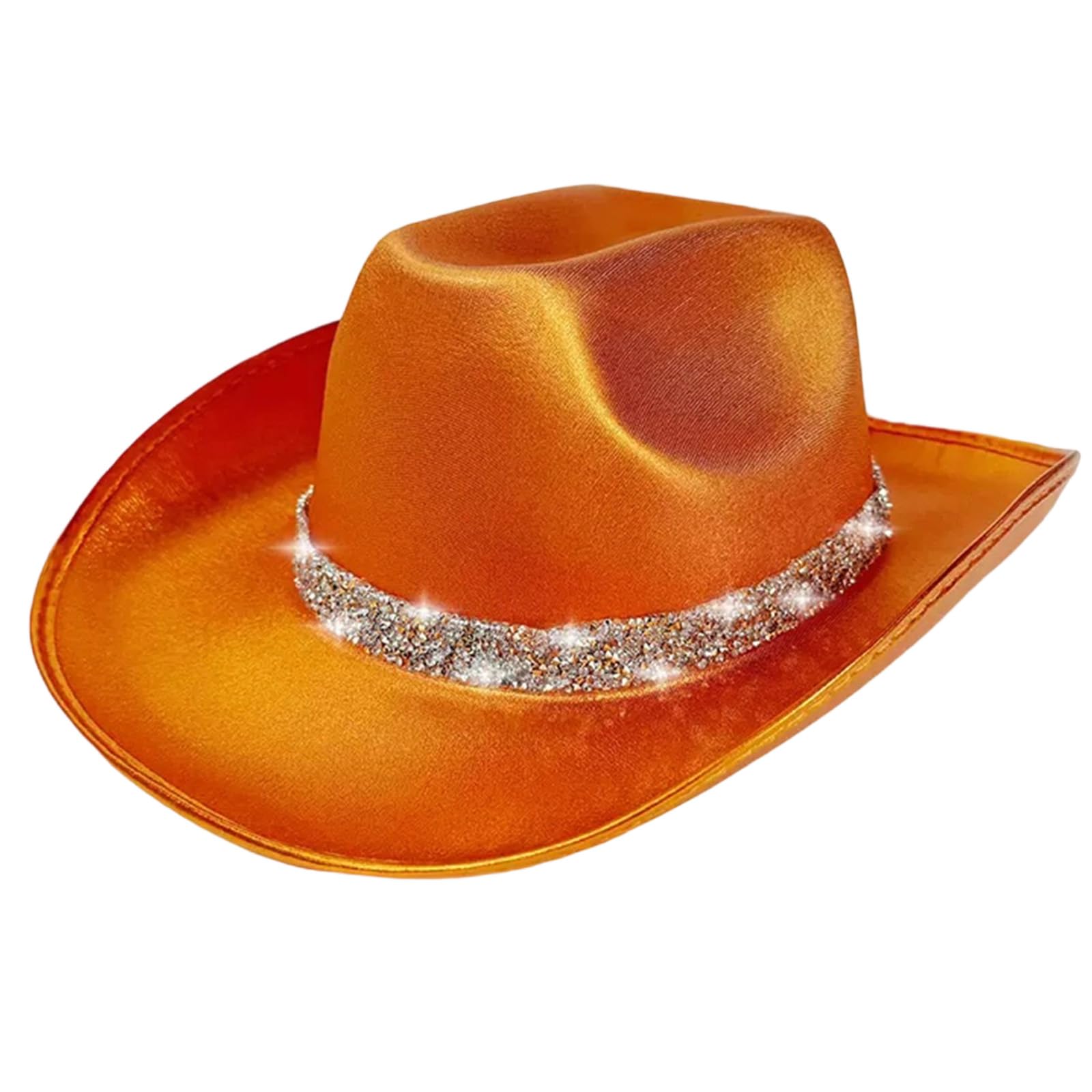 Feclmiyt Cowboy Hat for Women and Men Sparkly Rhinestone Western Wide Brim Fedora Cap Cocktail Party Disco Cowgirl Hat (Orange, ONE Size)