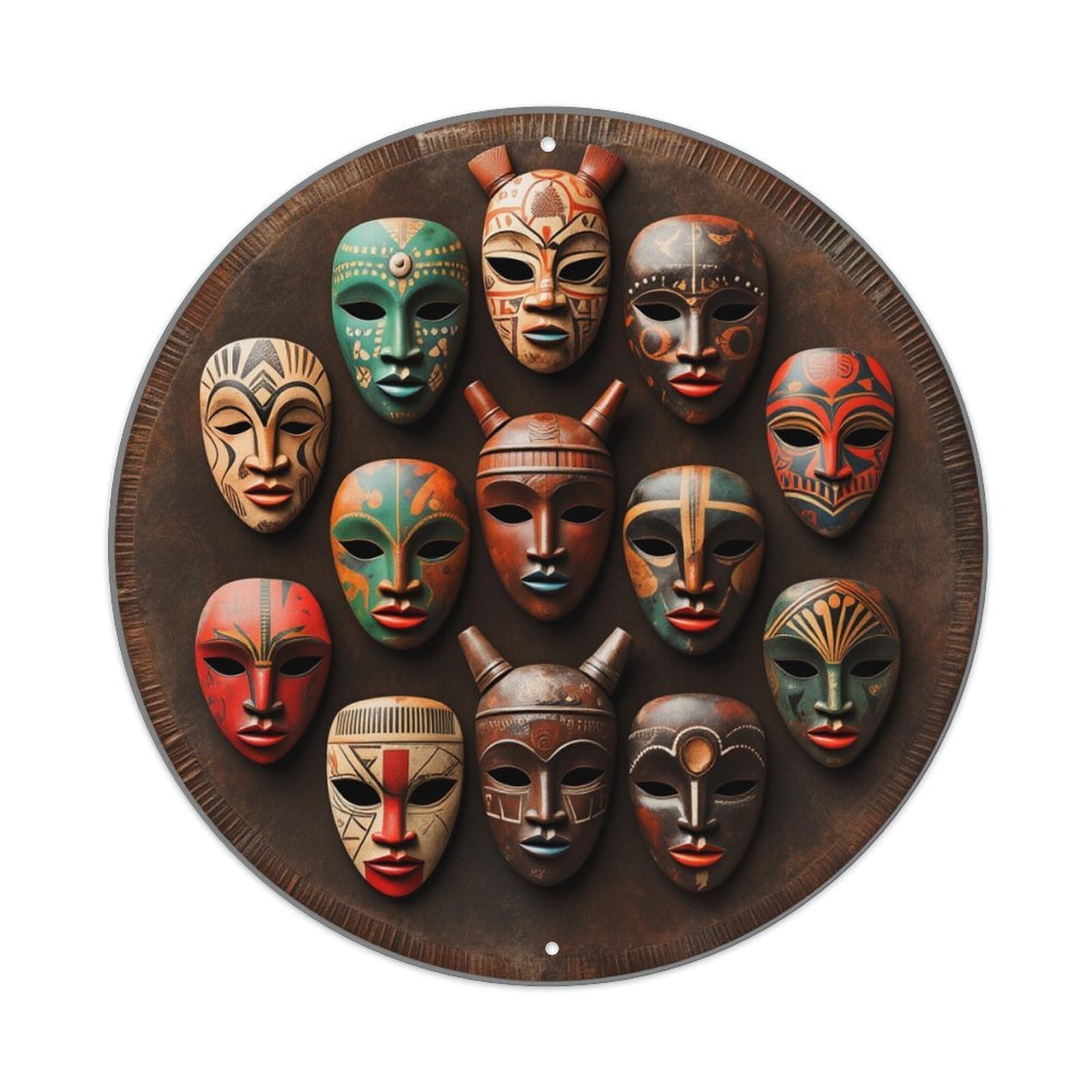Colorful Tribal Mask Artwork Display Round Tin Sign Vintage Metal Poster, Home Bar Garage Man Cave Cafe Indoor & Outdoor Wall Decoration 8x8Inches