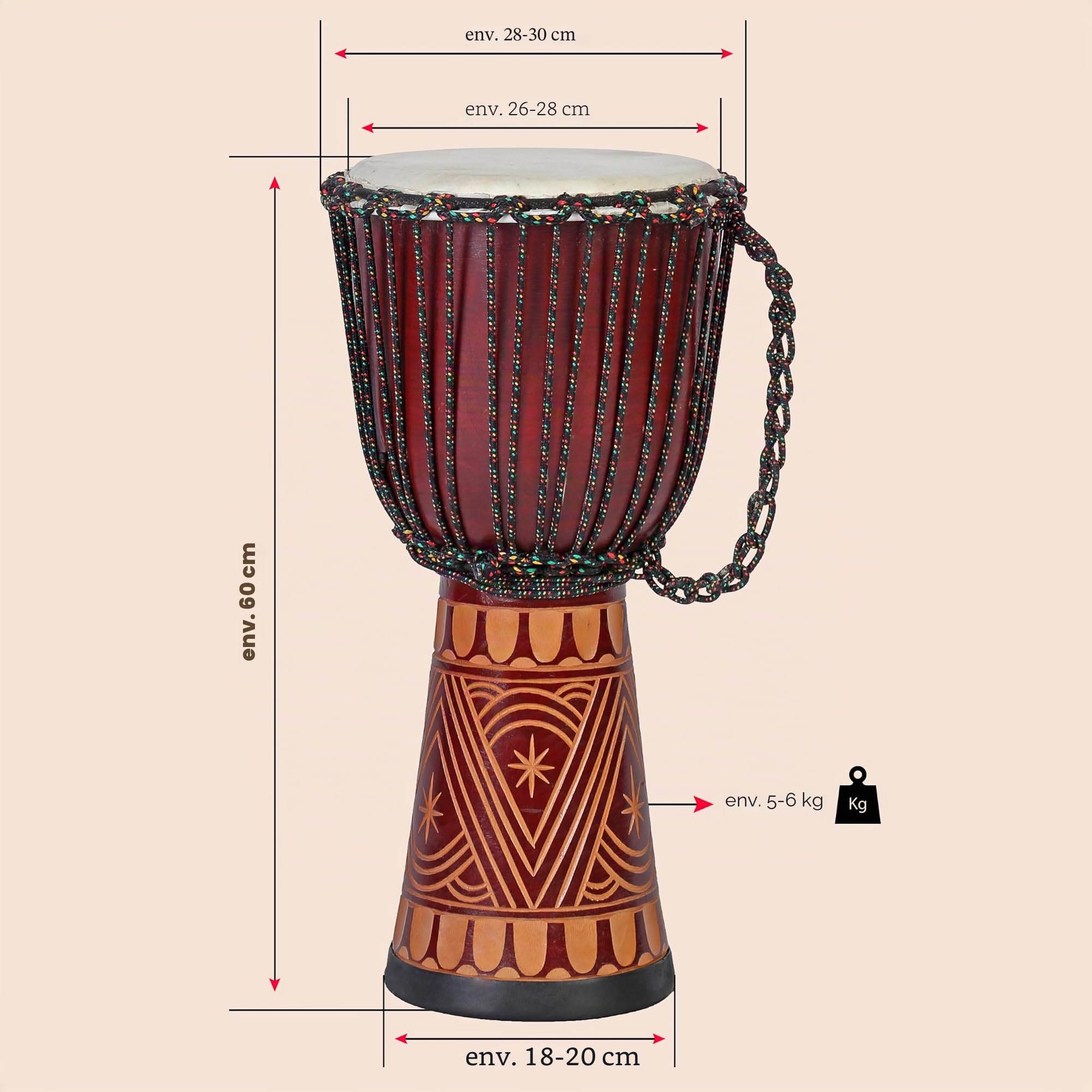 Djembé en Bois 60 cm – Tambour Africain Fait Main avec Peau de Chèvre – Instrument de Percussion Bongo – Son Clair et Puissant