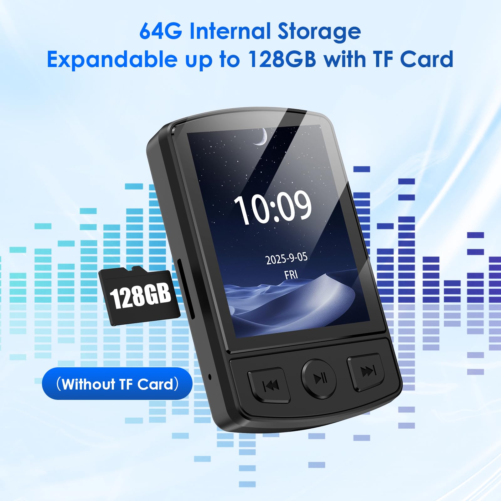Gueray Lettore MP3 Bluetooth 64GB - Lettore Musicale Digitale Portatile con Clip, Audio HiFi, Radio FM Integrata, Altoparlante, Registratore Vocale e Supporto Scheda TF