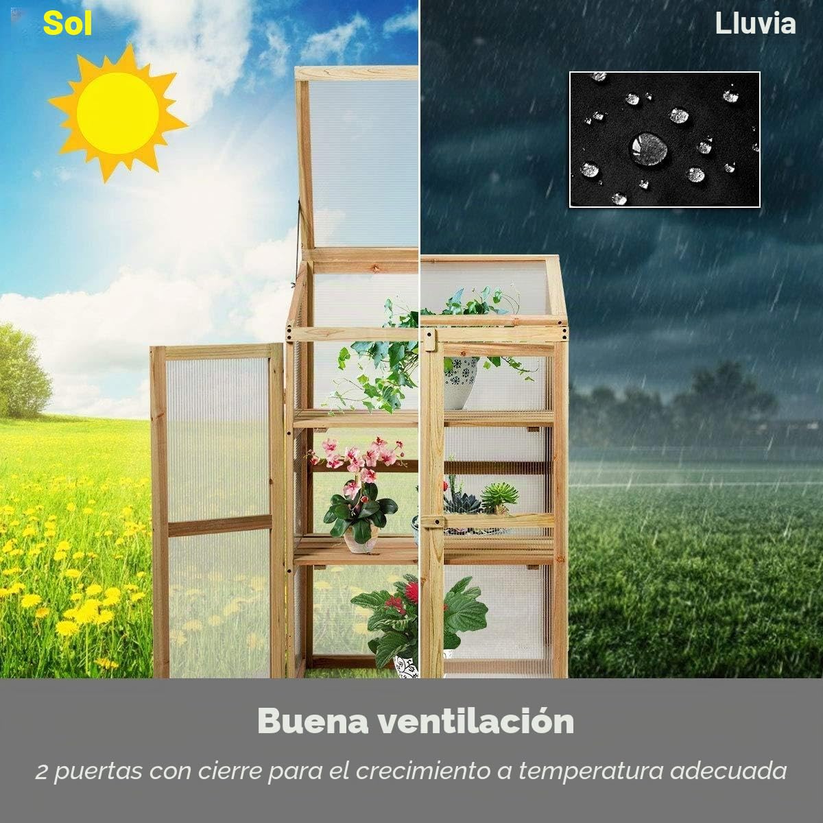 RELAX4LIFE Invernadero de Madera de 3 Niveles con 2 Puertas y Tapa Abatible, Invernadero para Macetas con Placas de Policarbonato para Jardín, Balcón y Terraza, 60x45x100cm, Natural