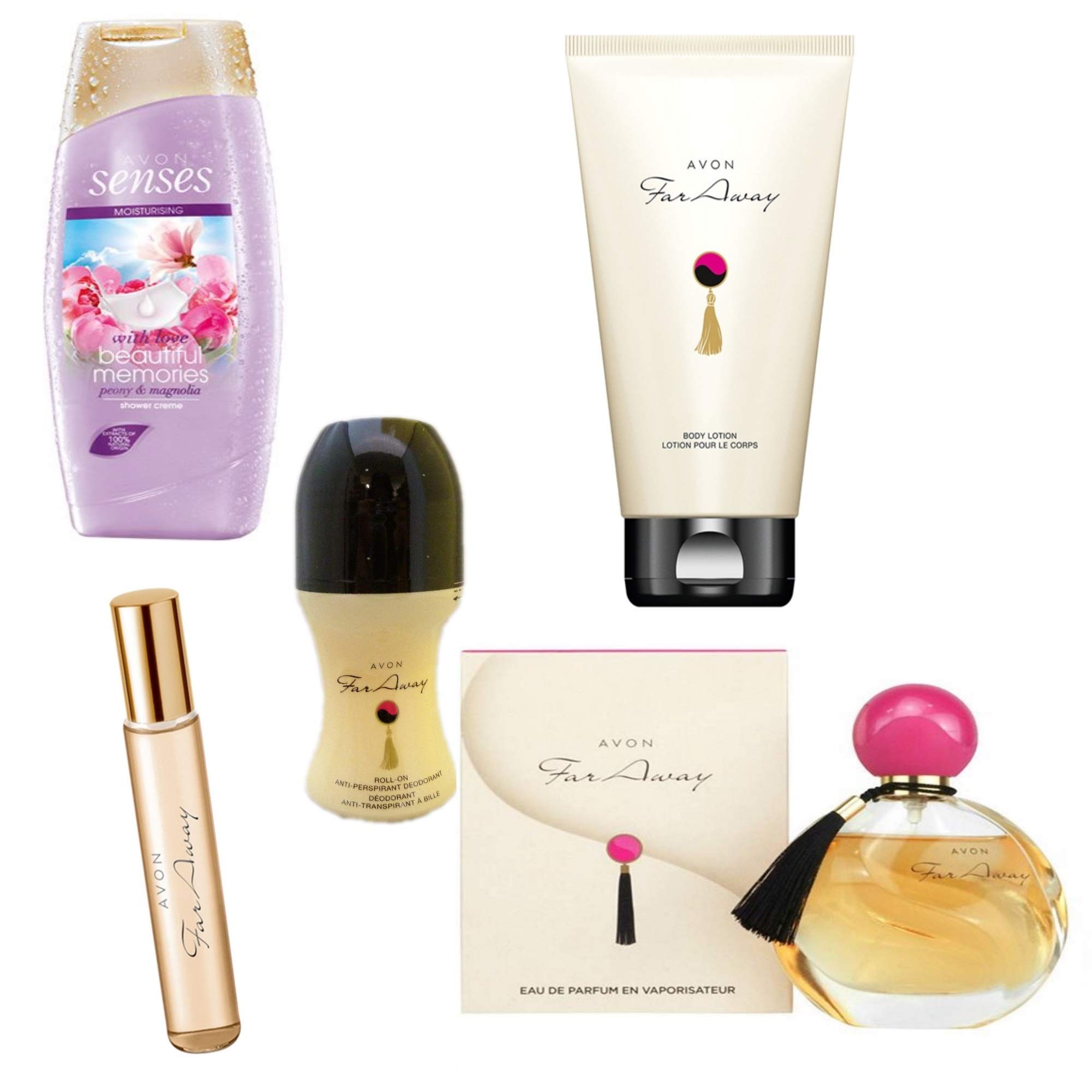 Avon Far Away Parfumset 5tlg.Eau de Parfum Spray/Duschgel/Bodylotion/Deoroller/Mini-Duftroller UVP 56 €