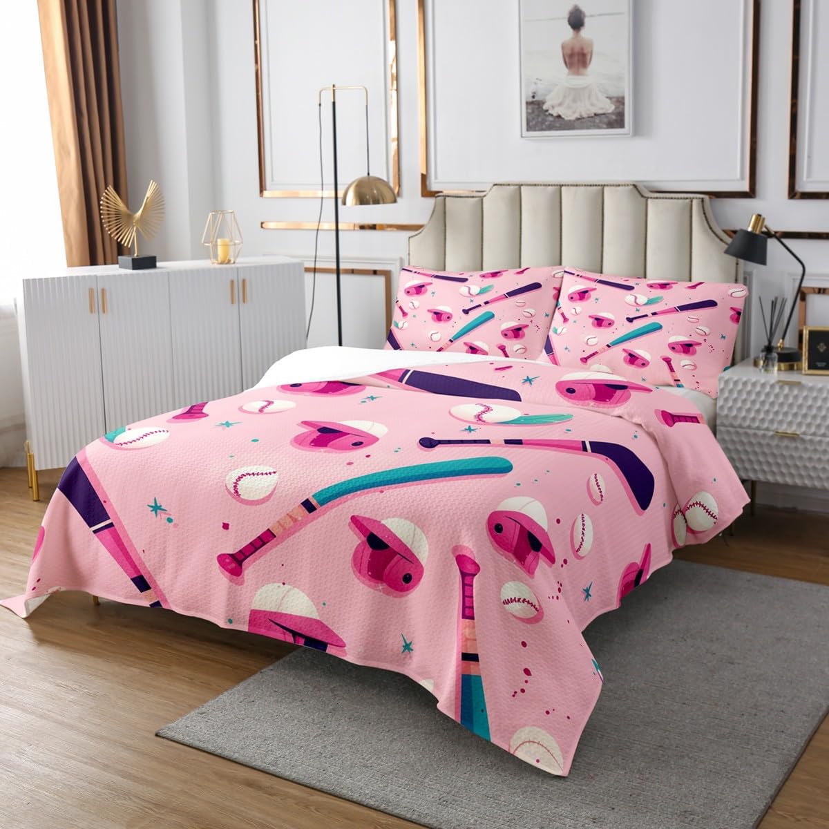 Homewish Cartoon Baseball Bedspread Twin Size,Ball Sport Games Bedding Sets 2Pcs for Kids Girls Boys Teens Room Decor,Baseball Cap Bat Print Comforter Set Modern Chic Quilt Coverlet,1 Pillowcase