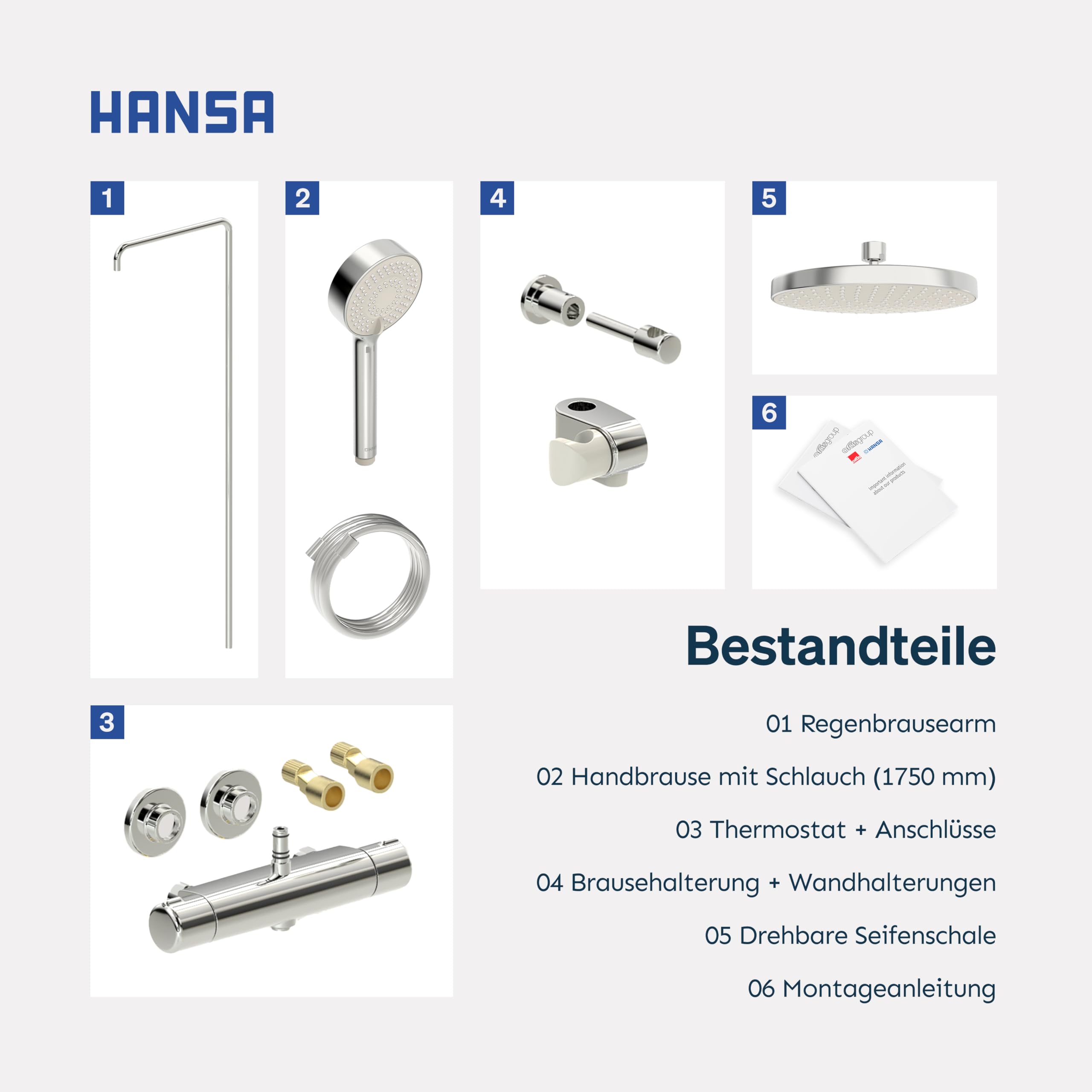 HANSA MICRA Duschsystem | Duscharmatur Komplettset aus Thermostat, schwenkbarer Regendusche, Duschkopf mit Schlauch und wasserführender Duschstange | Kopfbrause & Handbrause mit 3 Strahlarten | Chrom