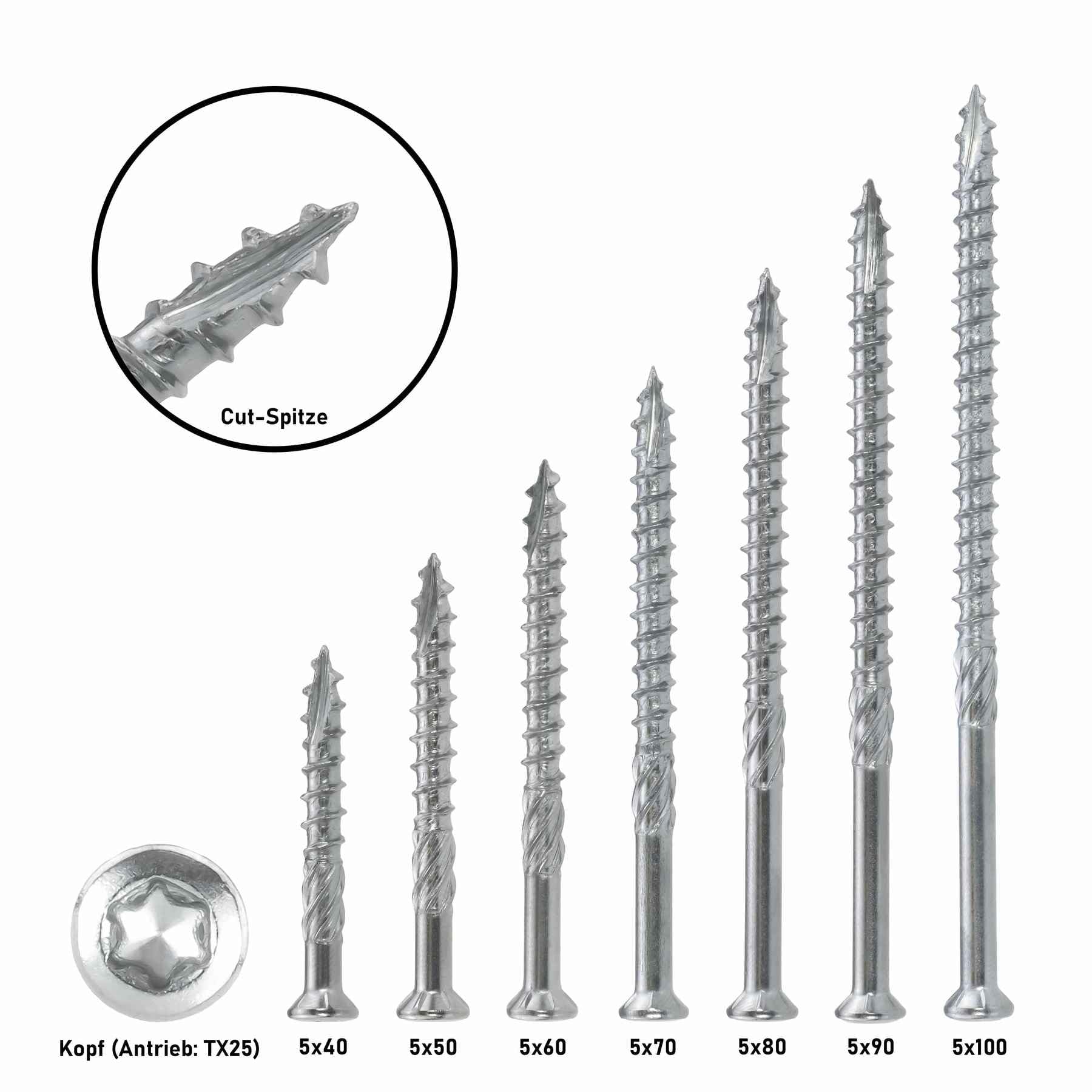T-INOX - Tornillos para terraza (5 x 60 mm, 50 unidades, acero inoxidable endurecido, C1, Torx 25, incluye punta de acero inoxidable)